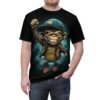 Teal smoke and a distressed denim-clad monkey with a brown leather jacket and a yellow tee featuring a black triangle symbol cover this graphic t-shirt.