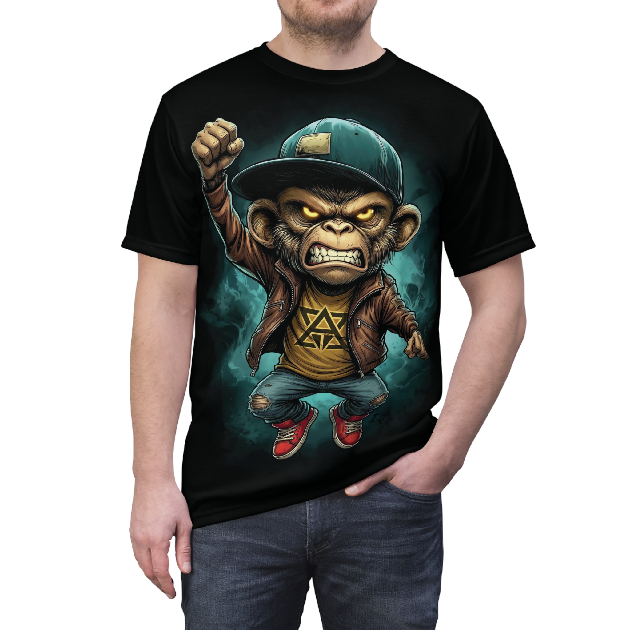 Teal smoke and a distressed denim-clad monkey with a brown leather jacket and a yellow tee featuring a black triangle symbol cover this graphic t-shirt.