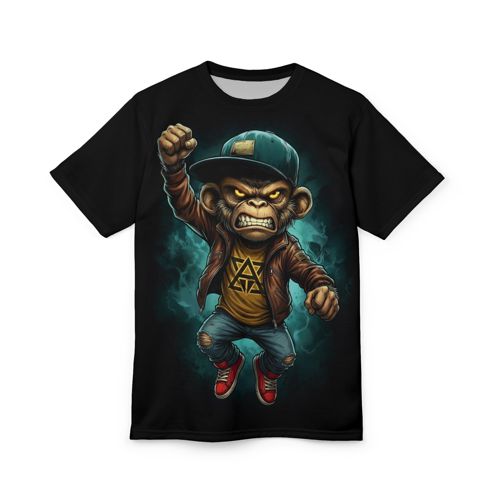 Teal smoke and a fierce monkey in a leather jacket and ripped jeans cover this oversized full print tee.