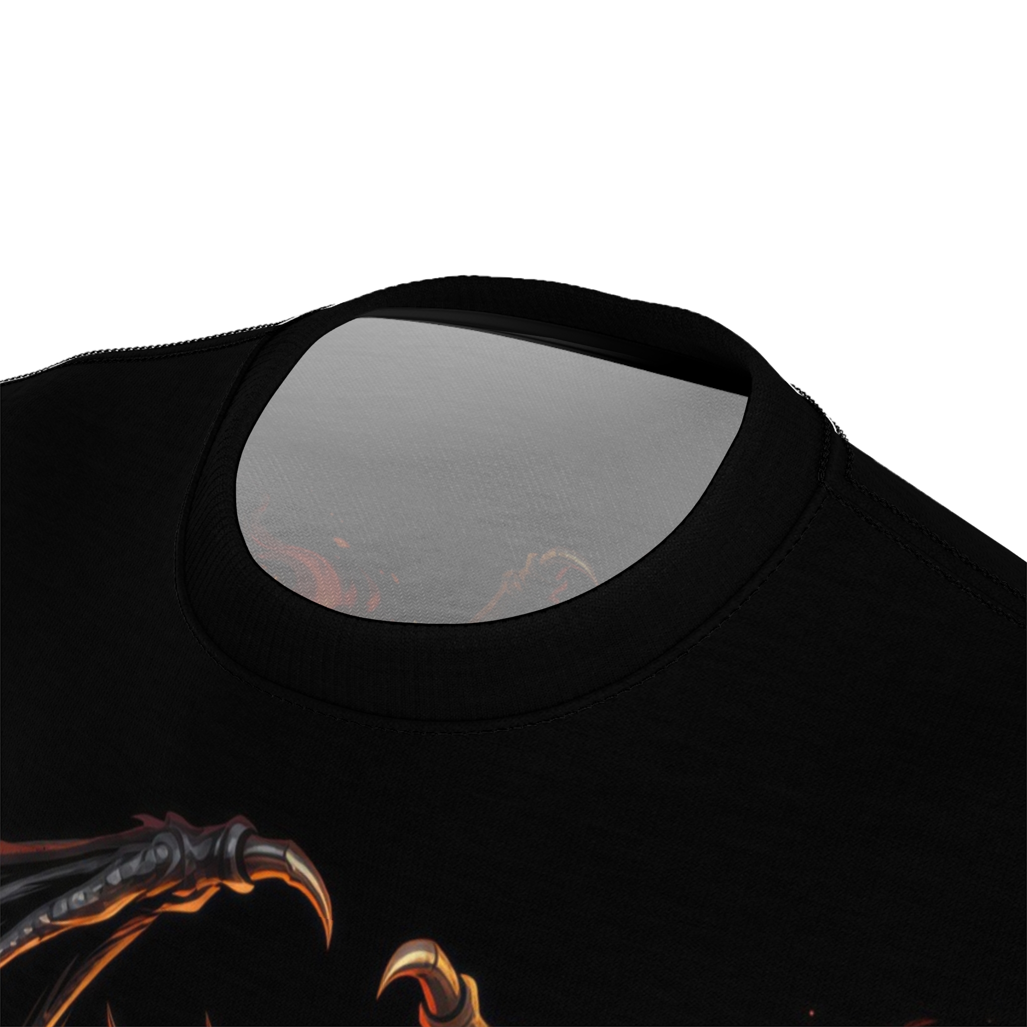 Fiery orange and black dragon scales and gothic skulls cover this seamless pattern tee with a dark, intense vibe.