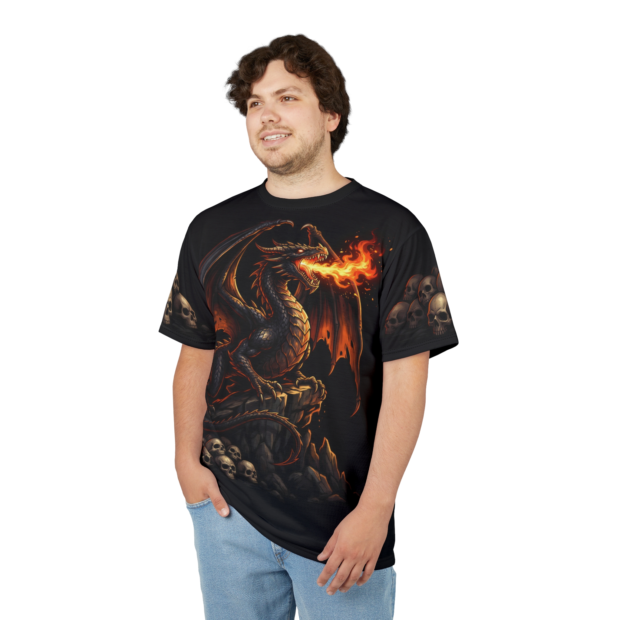 Black dragon breathing fire, surrounded by skulls and rocky terrain cover this all over print t-shirt with fierce detail.