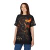Black, red, and orange fire-breathing dragon and skulls cover this 3D graphic t-shirt on a dark, rocky terrain.
