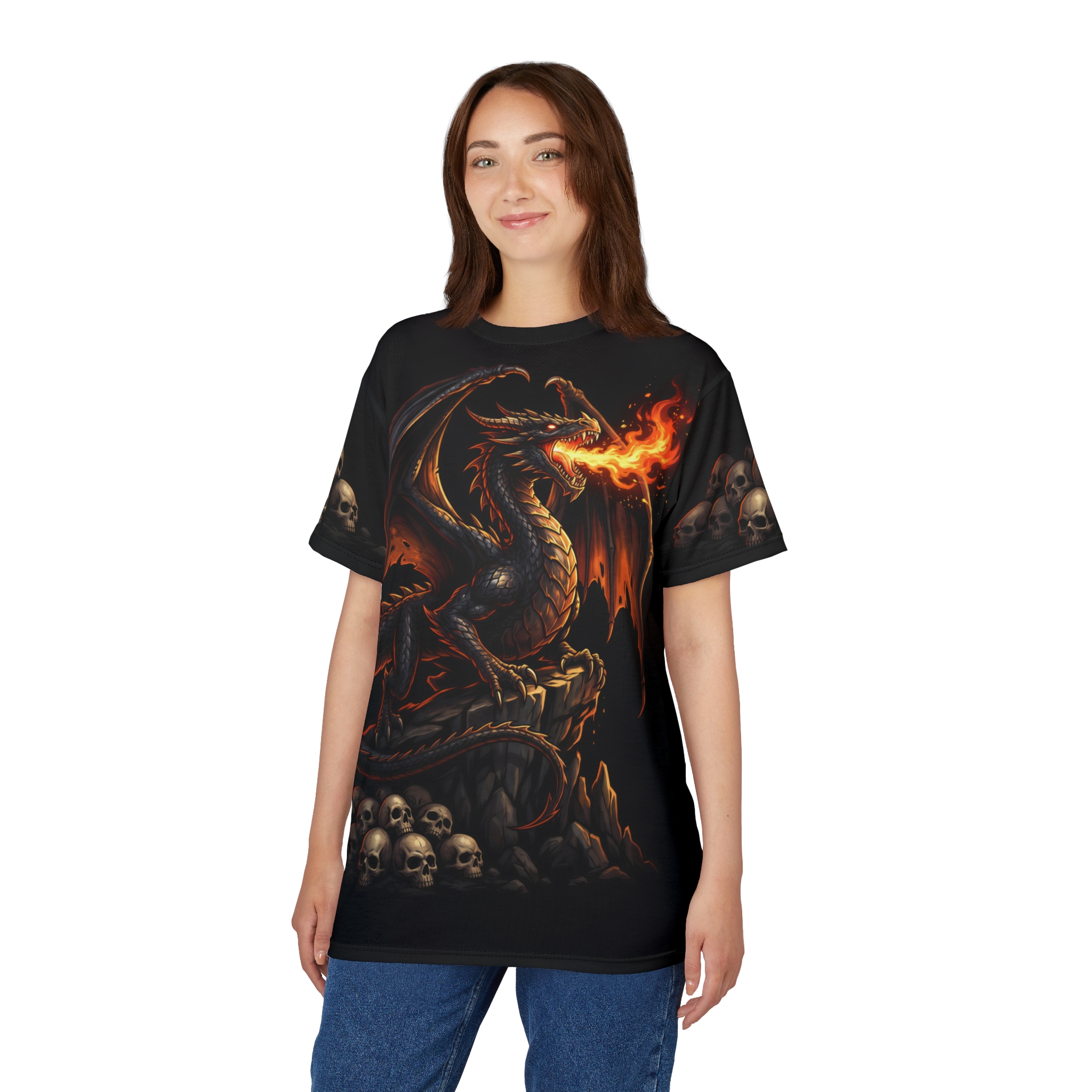 Black, red, and orange fire-breathing dragon and skulls cover this 3D graphic t-shirt on a dark, rocky terrain.