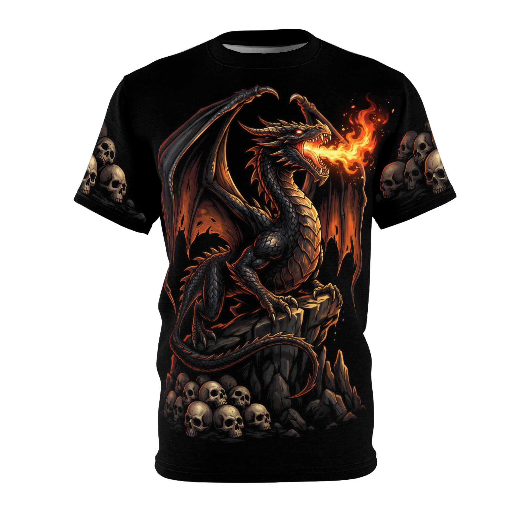 Black fabric with a fiery dragon and skulls covering this seamless pattern tee with a dark, intense vibe.
