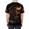 Black scales, orange fire, and pale skulls cover this all over print t-shirt with a dragon motif.