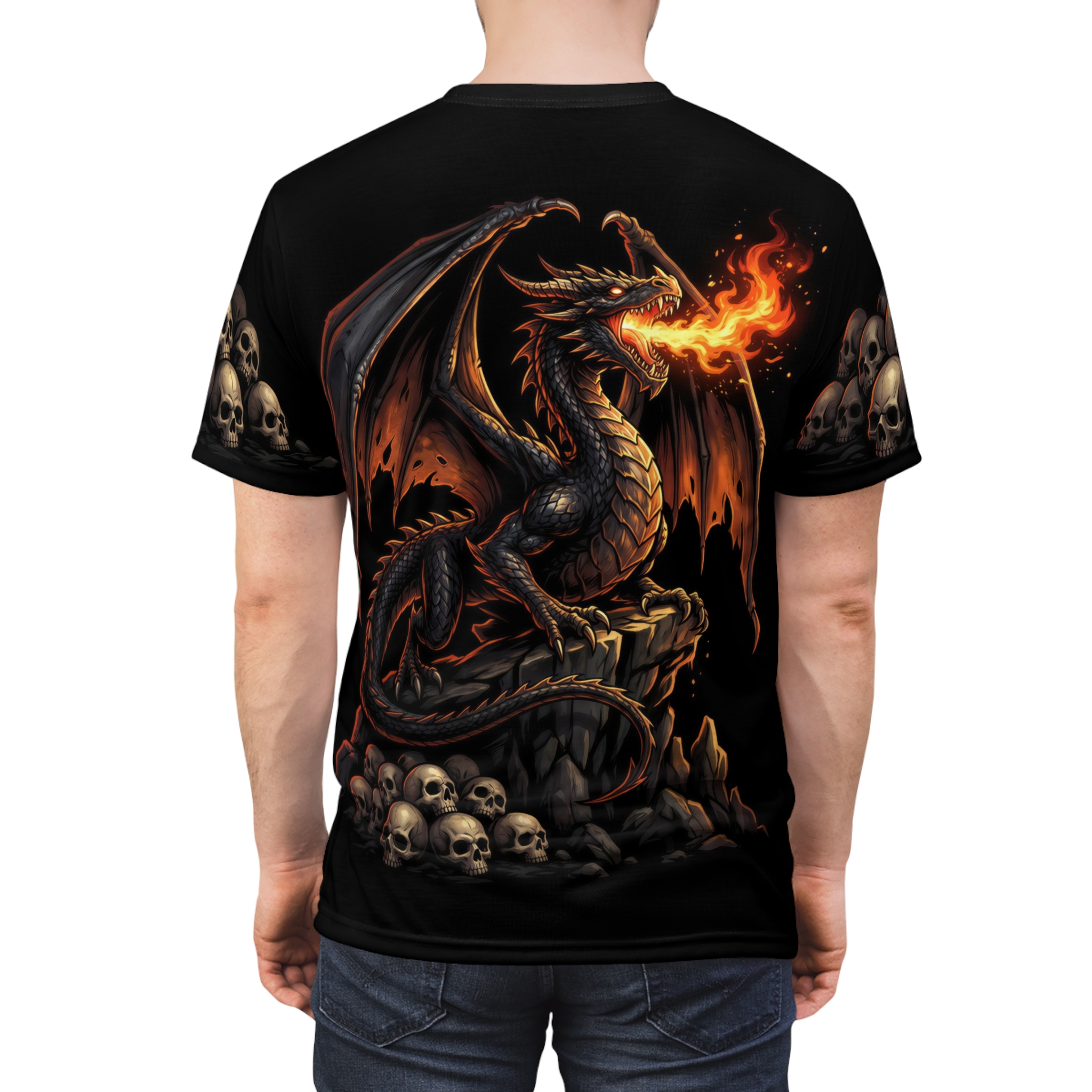 Black scales, orange fire, and pale skulls cover this all over print t-shirt with a dragon motif.