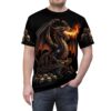 Black, orange, and yellow flames, skulls, and a dragon cover this 3D graphic t-shirt with a dark, gothic vibe.