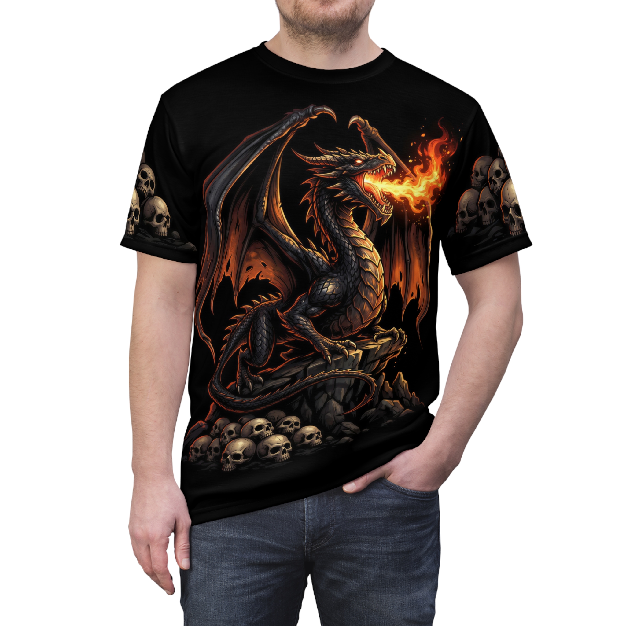 Black, orange, and yellow flames, skulls, and a dragon cover this 3D graphic t-shirt with a dark, gothic vibe.