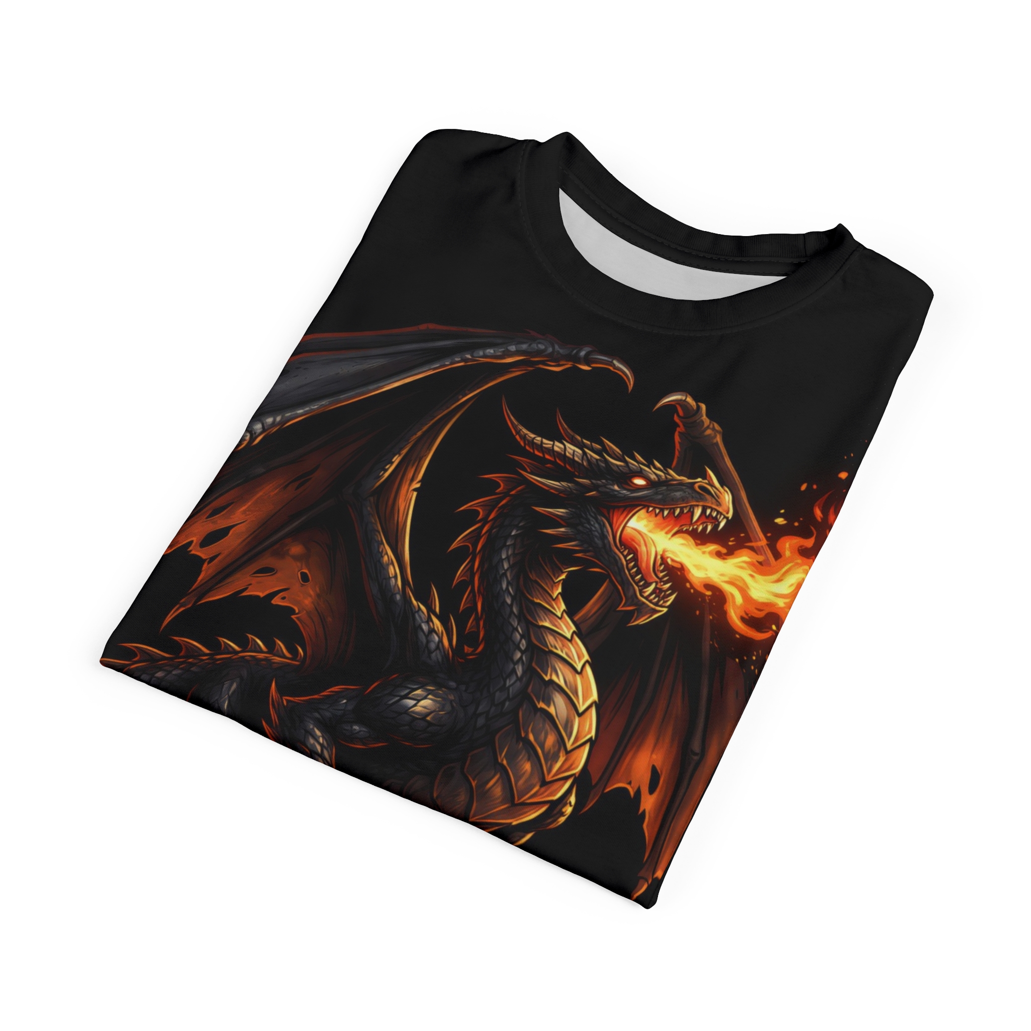 Black and fiery orange tones depict a ferocious dragon breathing fire across this full print shirt, with gothic skull accents.