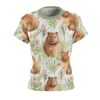 Capybara all over print sublimation tee featuring a watercolor-style seamless pattern of capybaras, green grass, and small coral wildflowers.