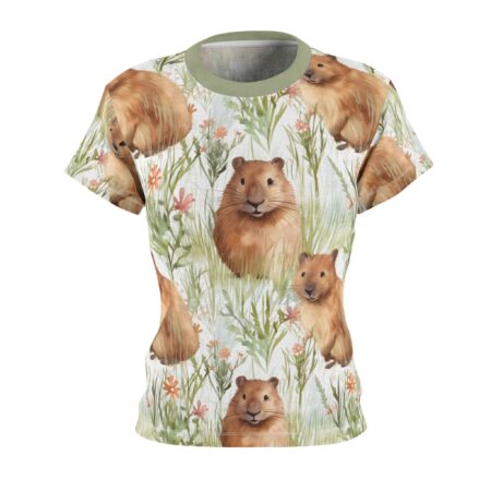 Capybara all over print sublimation tee featuring a watercolor-style seamless pattern of capybaras, green grass, and small coral wildflowers.