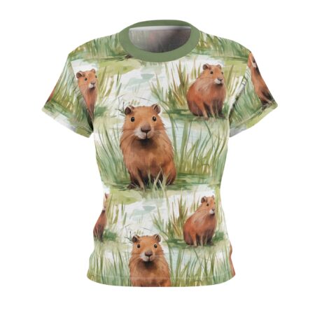 Watercolor capybara and lush green grass graphic on an all over print sublimation tee.