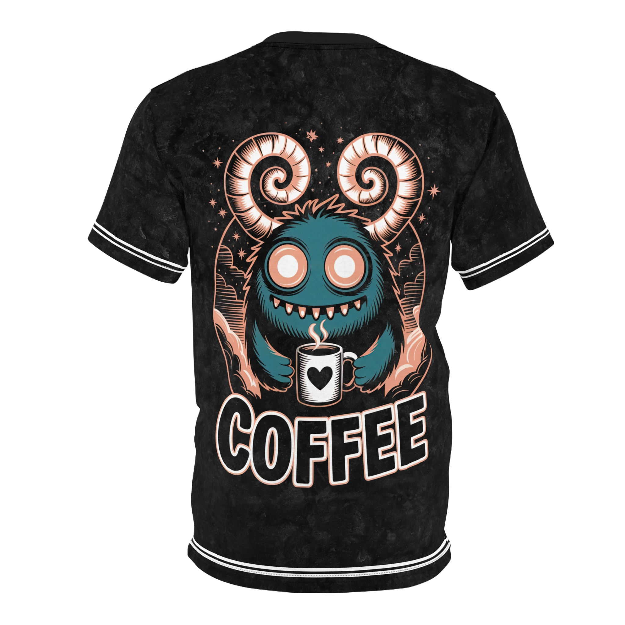 Black marble texture with a turquoise monster, swirls, stars, and the word 'COFFEE' adorn this graphic tee.