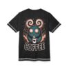 Black and grey marbled texture with pink and teal illustrated monster, stars, and clouds covering this seamless pattern tee with a bold