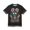 Black, coral, and teal graphics cover this 3D graphic t-shirt with a fun monster design.