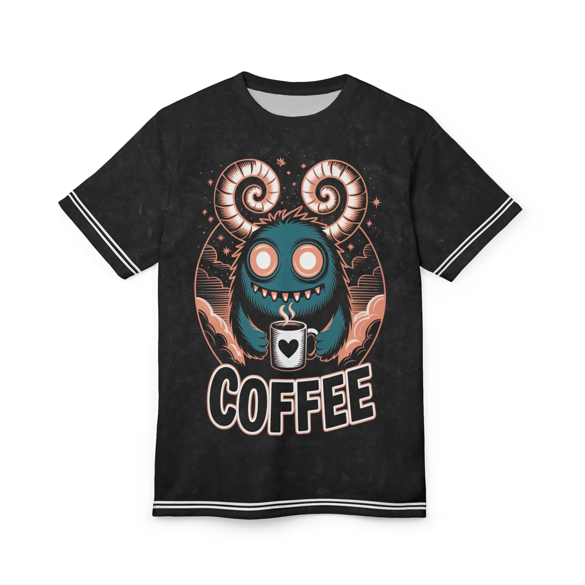 Black, coral, and teal graphics cover this 3D graphic t-shirt with a fun monster design.