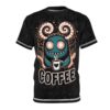 Black marble texture and subtle stars cover this sublimation graphic tee with a fun monster design.