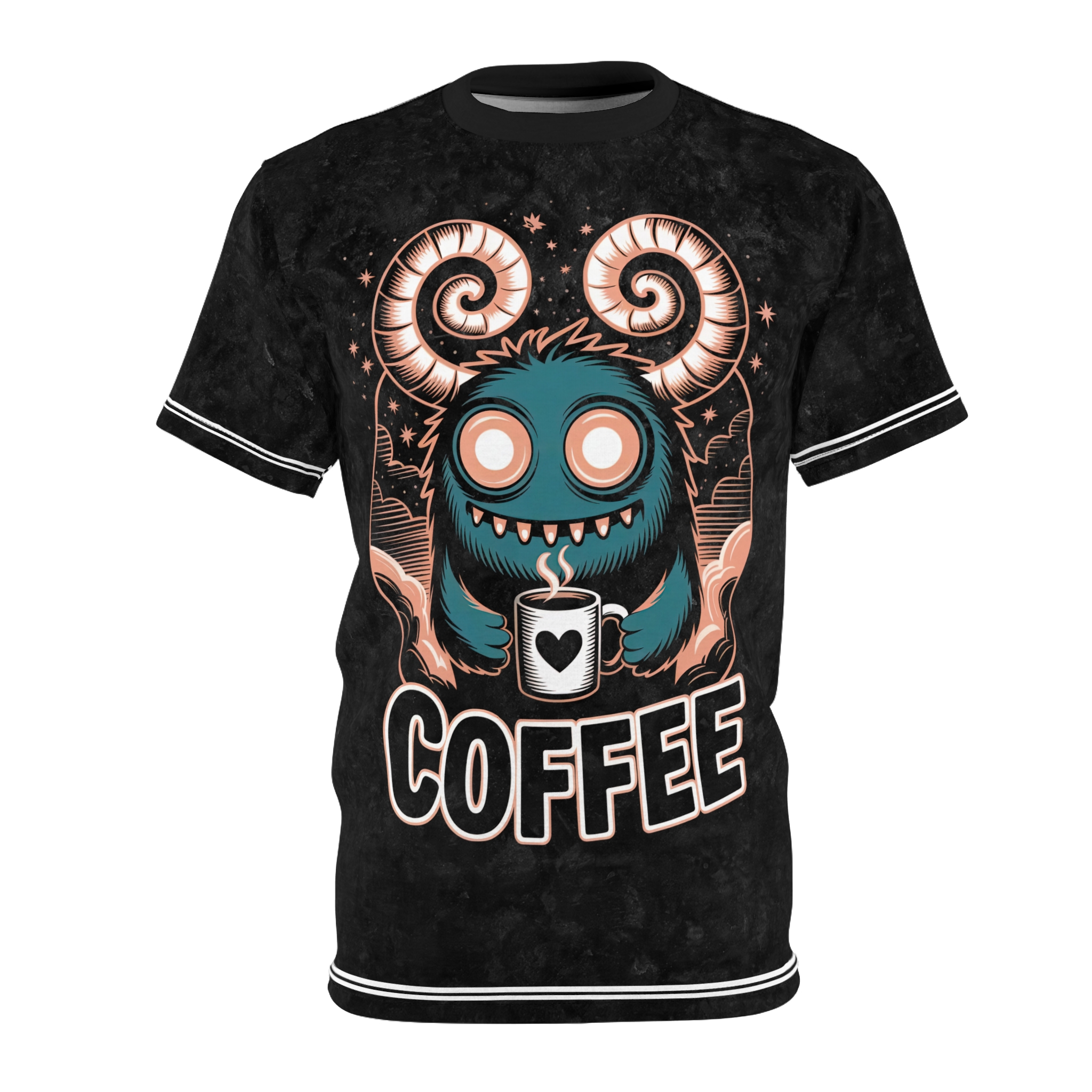 Black marble texture and subtle stars cover this sublimation graphic tee with a fun monster design.