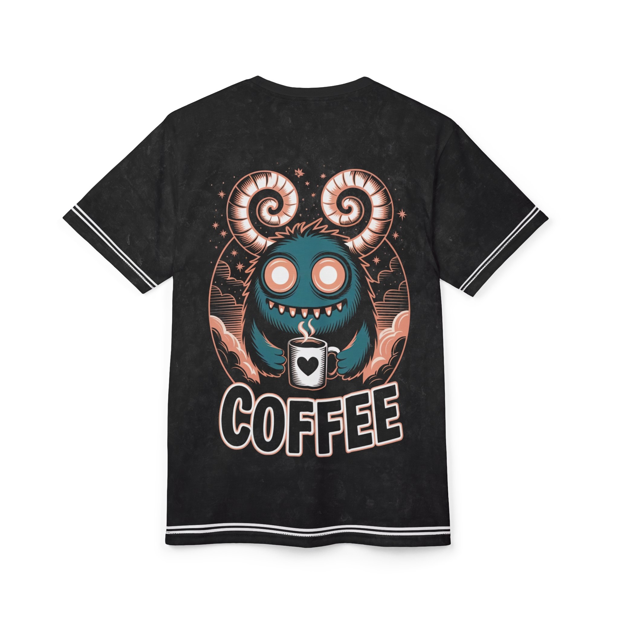 Black and grey marbled texture with pink and teal illustrated monster, stars, and clouds covering this seamless pattern tee with a bold "COFFEE" text.
