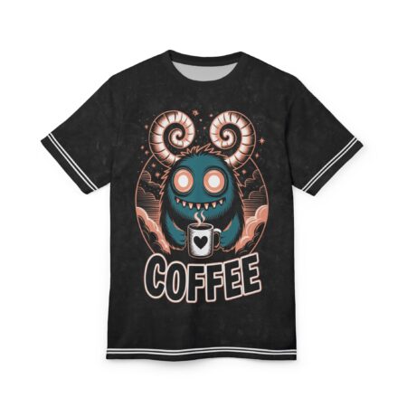 Comfortable Coffee Monster Unisex Tee - Fun AOP Graphic T-Shirt for Coffee Lovers – breathable cotton all-over design