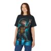 Blue and black tones cover this graphic streetwear tee, depicting a cool monkey in a jacket flashing a peace sign.