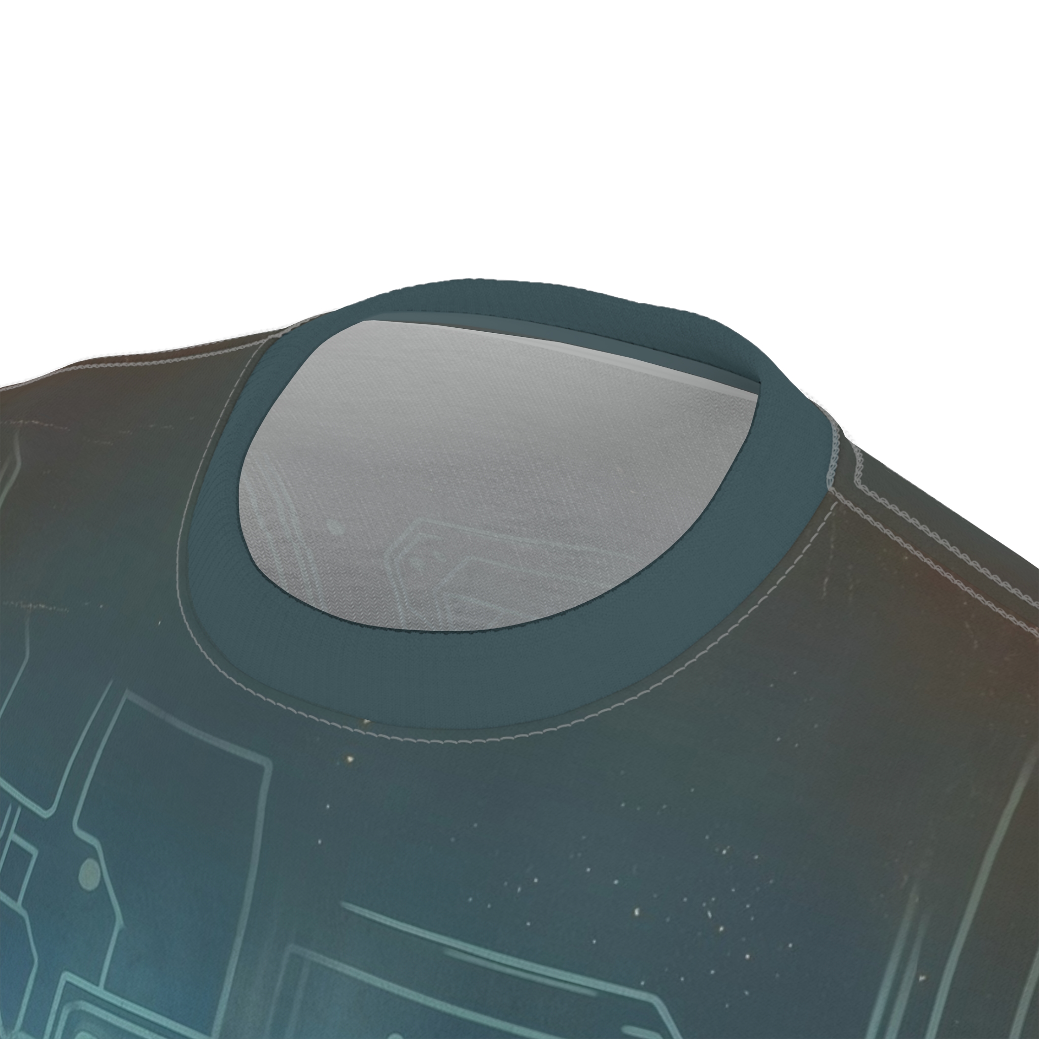 Teal, grey, and brown circuits and star-like specks cover this all over print apparel, showing a futuristic digital landscape.