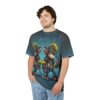 Teal circuit board patterns and two futuristic monkeys with headphones adorn this full print shirt with a gamer vibe.