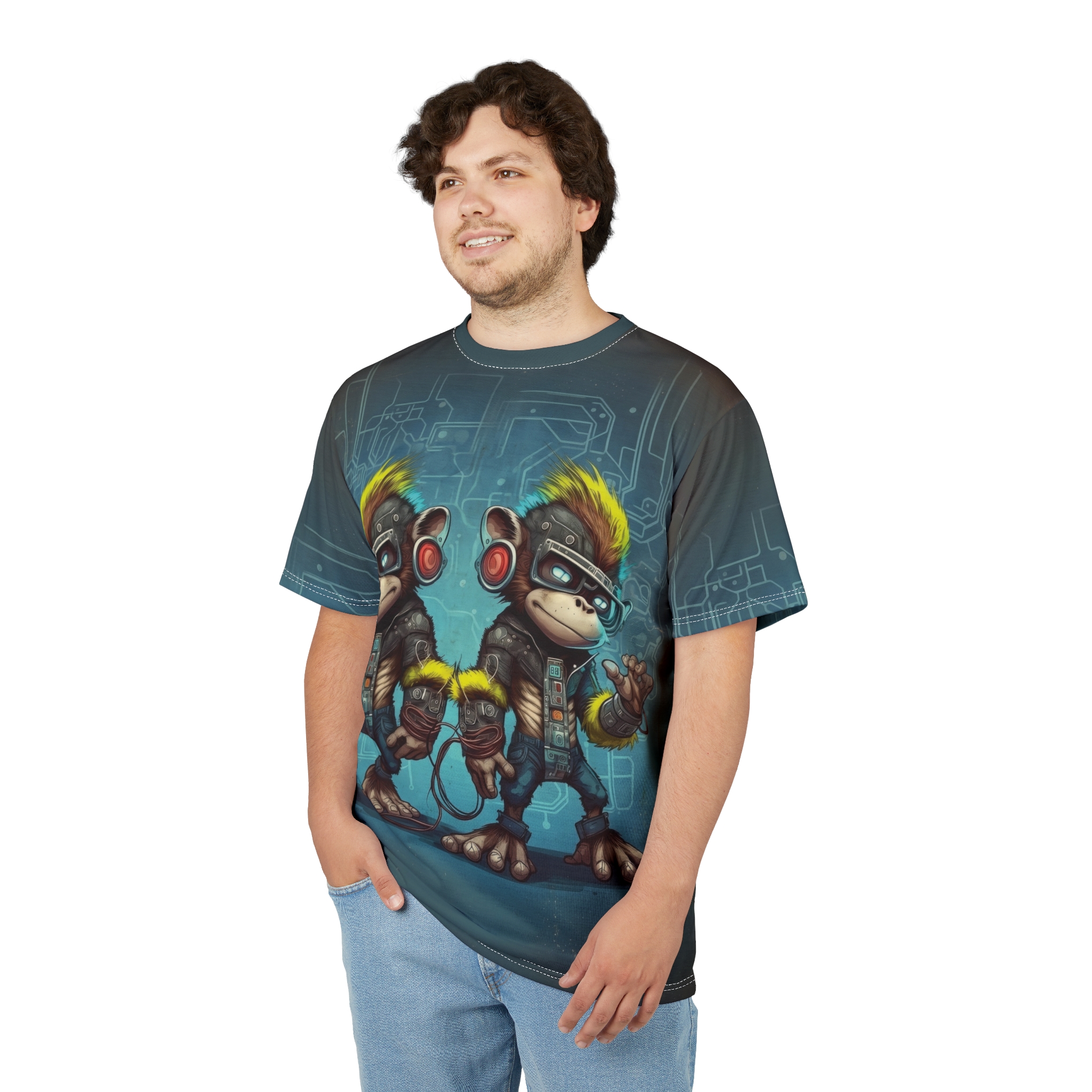 Teal circuit board patterns and two futuristic monkeys with headphones adorn this full print shirt with a gamer vibe.