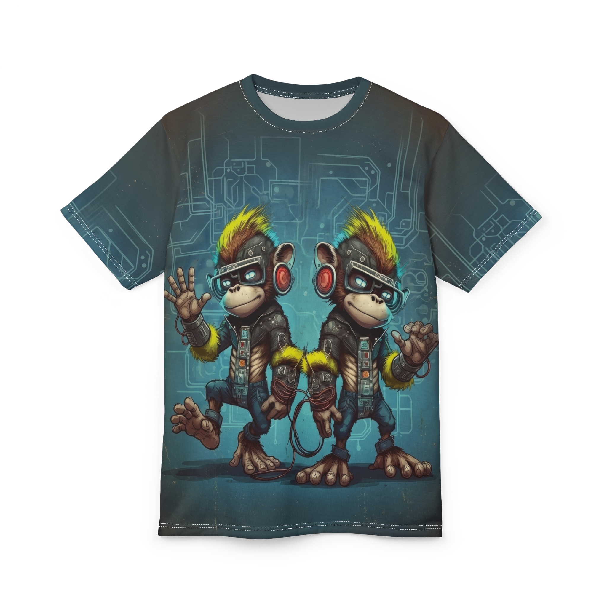 Teal and blue circuit board patterns and grime texture cover this graphic streetwear tee with twin cyber monkeys.