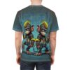 Teal and blue circuit board patterns cover this sublimation graphic tee with two cyber monkeys.
