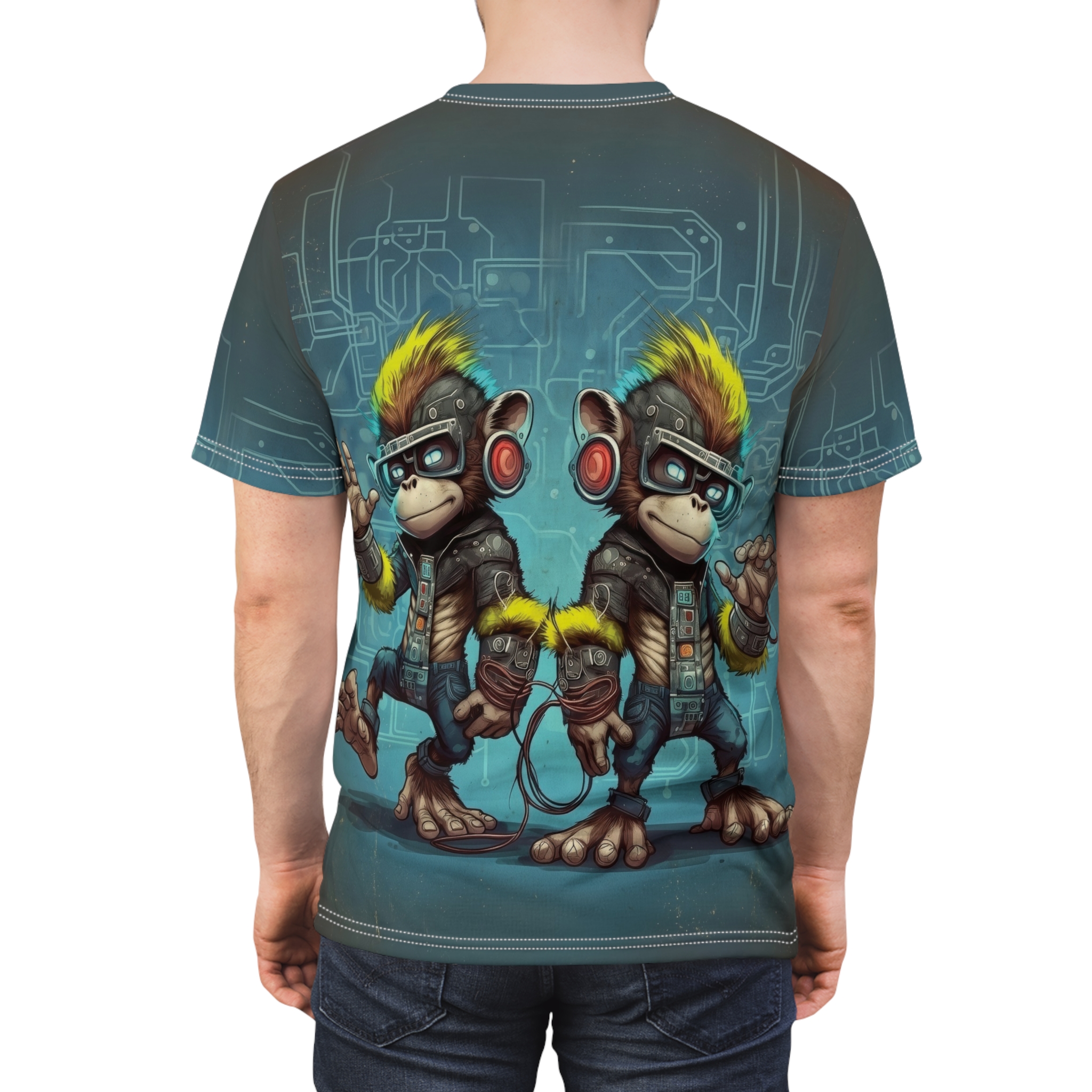 Teal and blue circuit board patterns cover this sublimation graphic tee with two cyber monkeys.