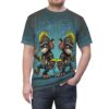 Teal background with light blue circuit board patterns cover this graphic streetwear tee with two cartoon monkeys.