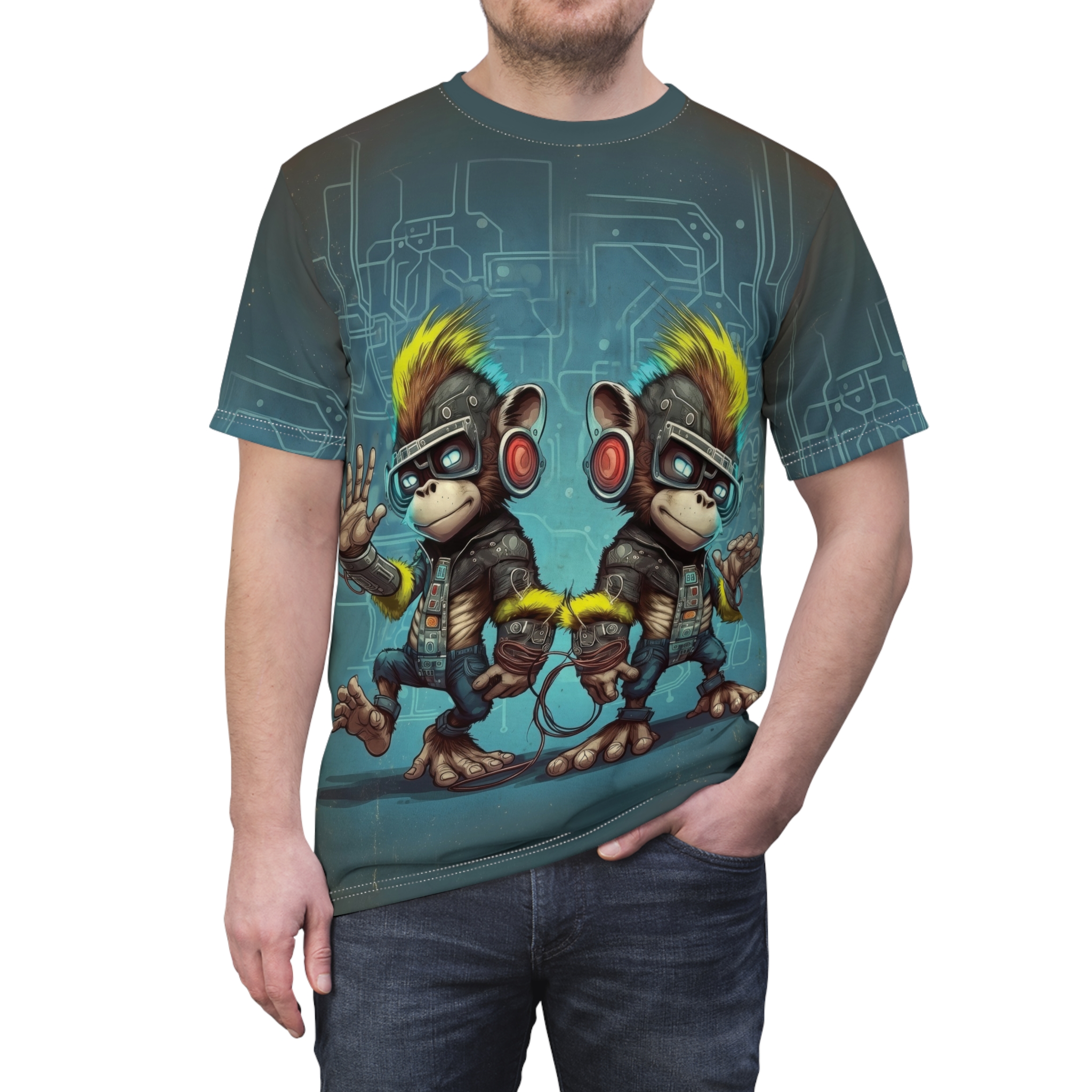 Teal background with light blue circuit board patterns cover this graphic streetwear tee with two cartoon monkeys.