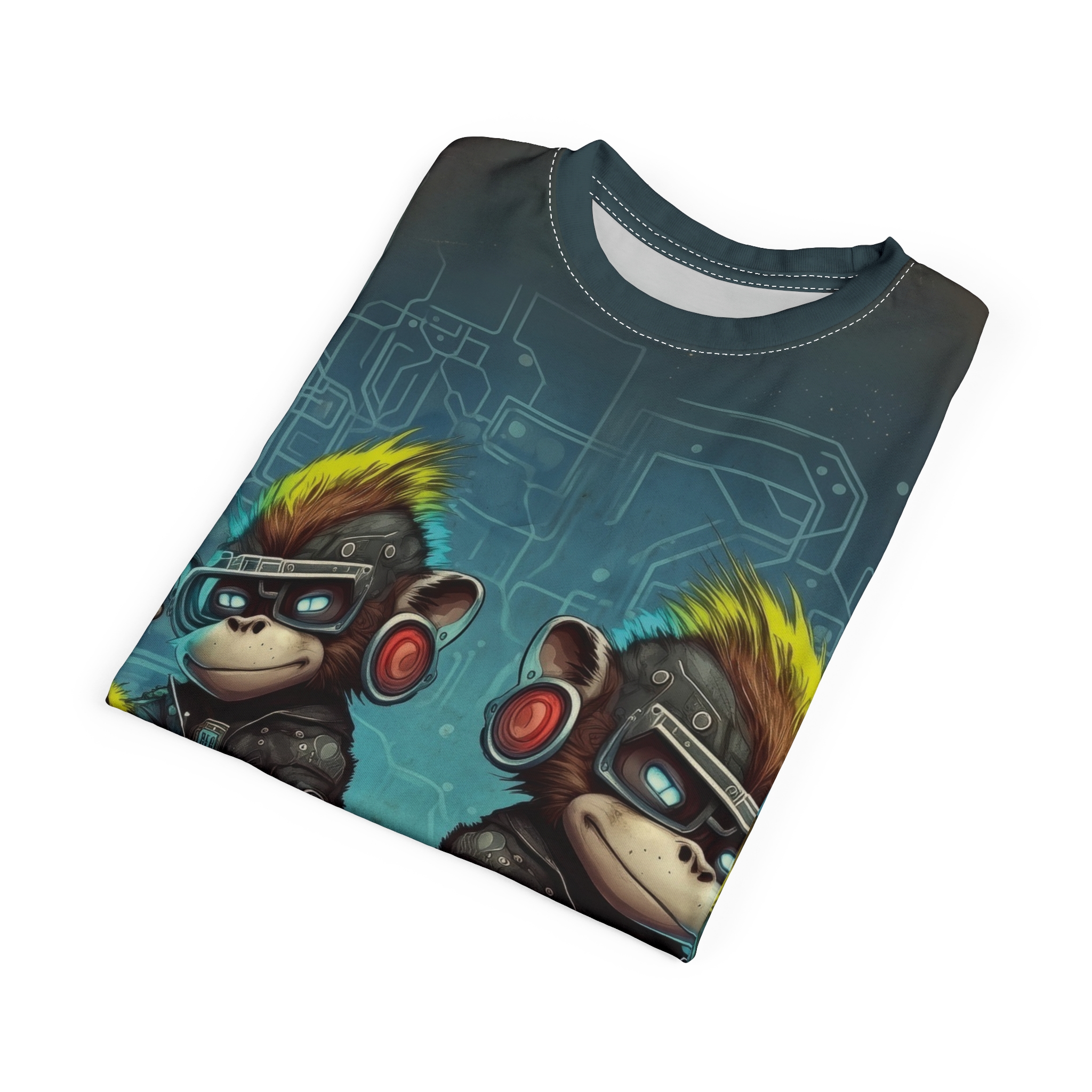 Blue circuit patterns cover this seamless pattern tee, featuring cyber monkeys with mohawks and futuristic goggles.