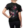 Red and pink climbing roses cover this full print shirt, showing intricate green leaves on a dark textured background.