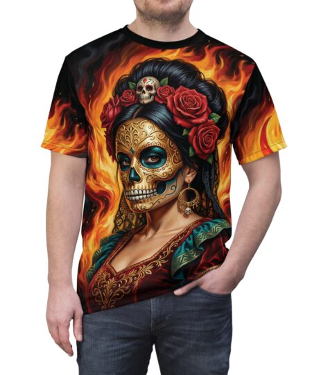 Day of the Dead Sugar Skull Tee — Fiery La Catrina All-Over Print