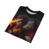 Fiery reds, oranges, and dark blues cover this 3D graphic t-shirt with a roaring dragon.