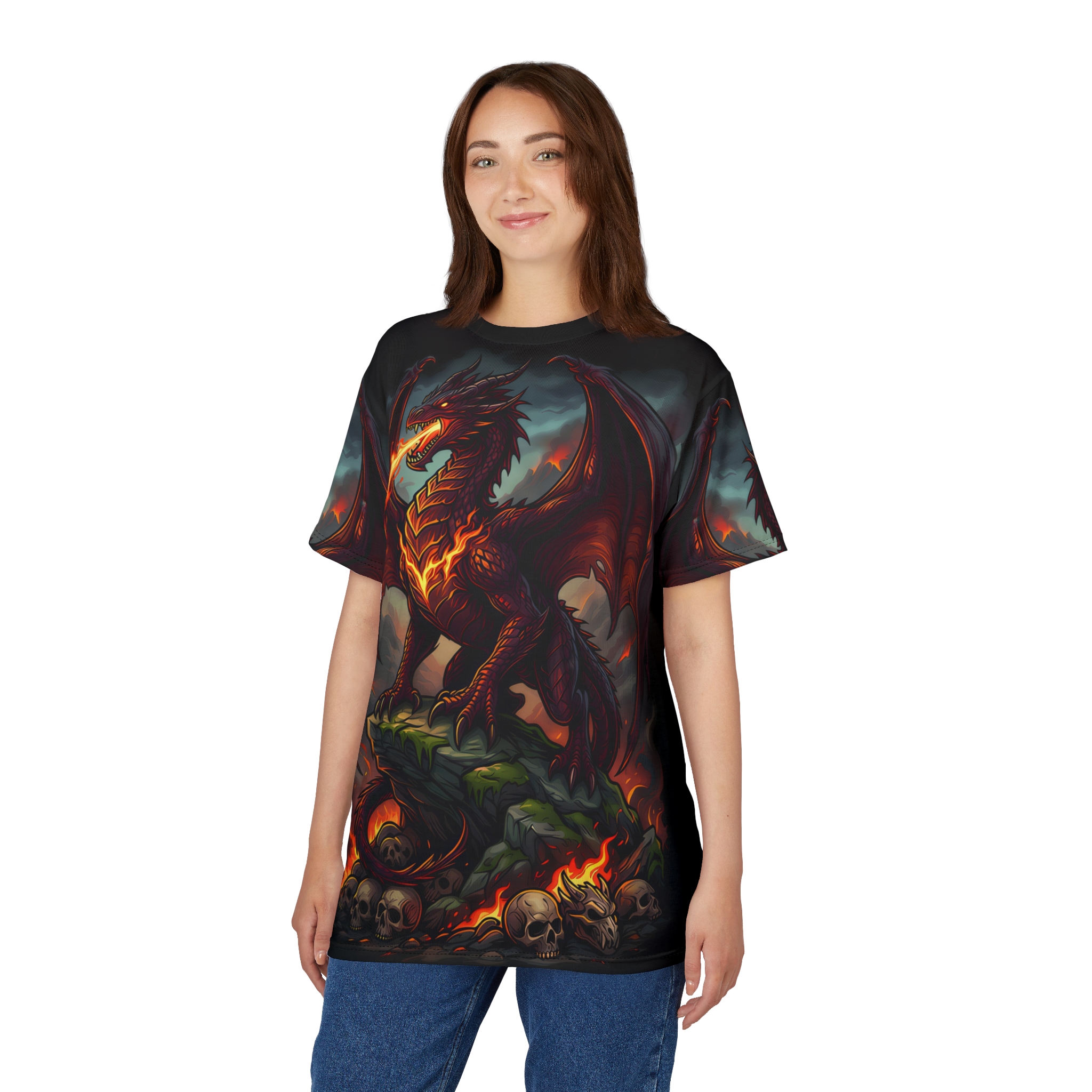 Red and orange fire, skulls, and a dragon with dark wings cover this patterned tee shirt with a fierce, volcanic vibe.