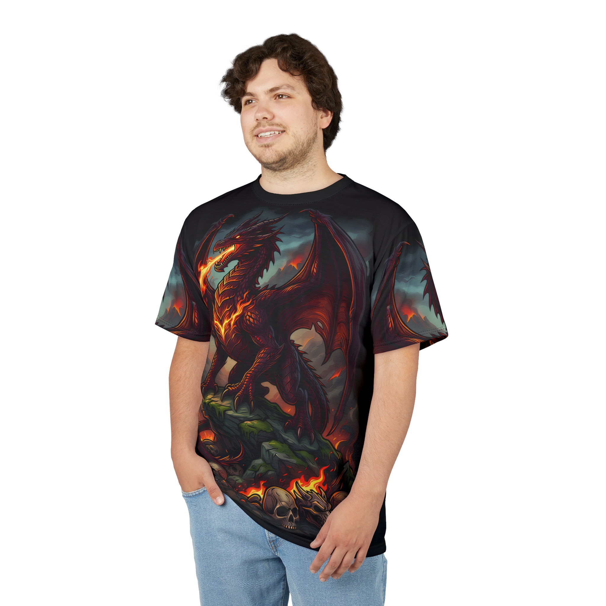 Fiery reds, oranges, and dark blues cover this 3D graphic t-shirt with a fierce dragon roaring flames.