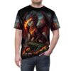 Fiery red and orange dragon scales and flames cover this graphic streetwear tee, set against a dark, smoky backdrop.
