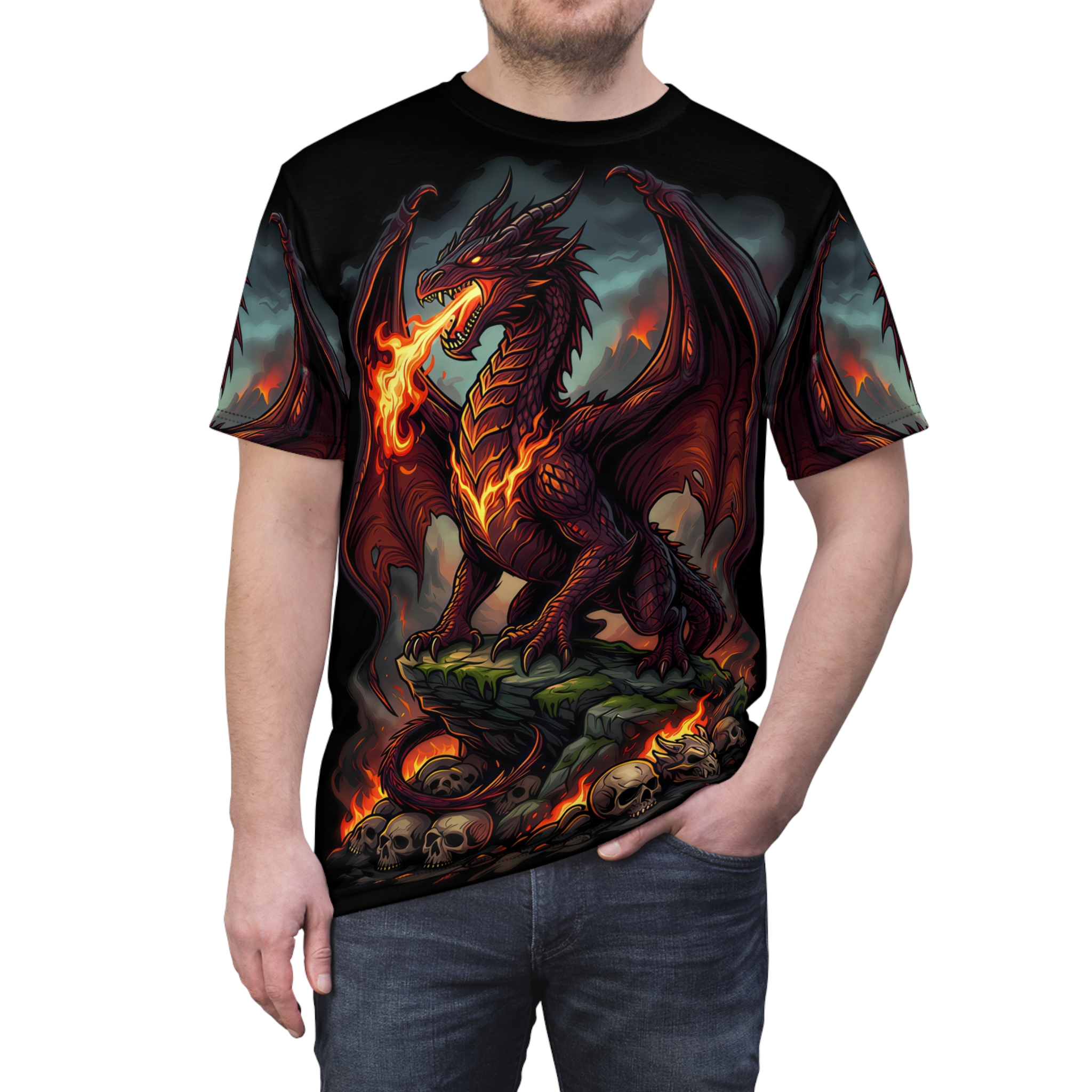 Fiery red and orange dragon scales and flames cover this graphic streetwear tee, set against a dark, smoky backdrop.