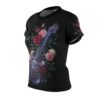 Glowing purple guitars, blooming pink roses cover this sublimation graphic tee, depicting detailed gold filigree.