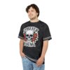 Black marble texture and a skull with roses graphic cover this oversized full print tee with a casual vibe.