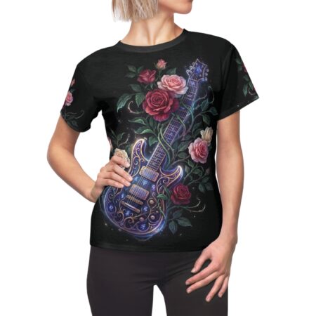 Pink roses, glowing purple guitar cover this all over print apparel, depicting a mystical starry theme.
