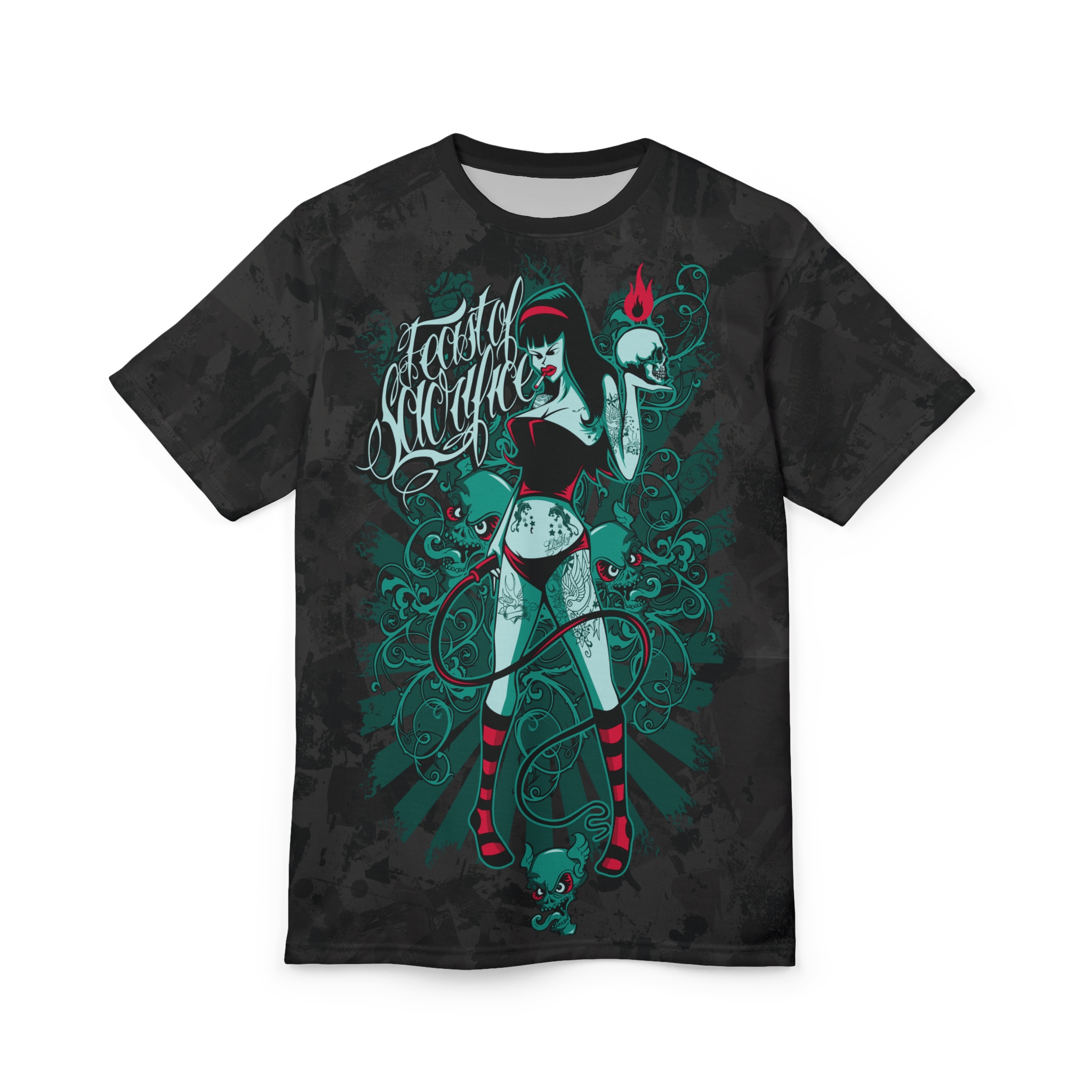 Black, teal, and red gothic pinup witch with skulls and flames cover this seamless pattern tee with dark, gritty vibes.
