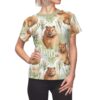 Cute groundhog and floral print all over sublimation tee with green collar.