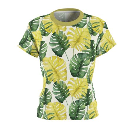Tropical monstera leaf pattern sublimation tee featuring green and yellow leaves on a white background.