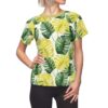 All over print t-shirt featuring a tropical monstera leaf pattern in green and yellow, seamless sublimation tee.