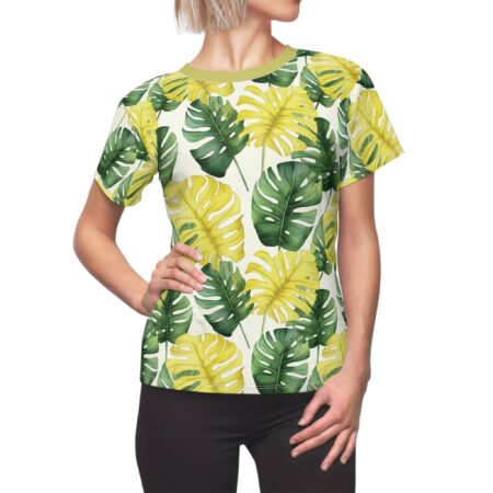 All over print t-shirt featuring a tropical monstera leaf pattern in green and yellow, seamless sublimation tee.