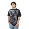 Dark blues, purples, and gold scales cover this 3D graphic t-shirt with a mythical dragon design.